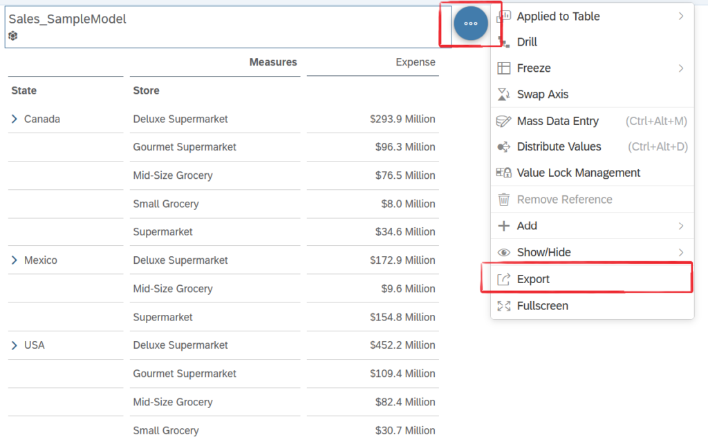 export option in Table view in SAC