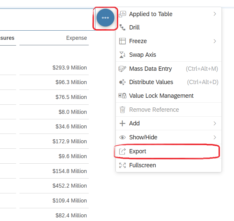 export option in Table view